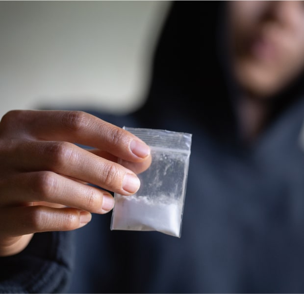 Person holding a small bag of powdery white substance